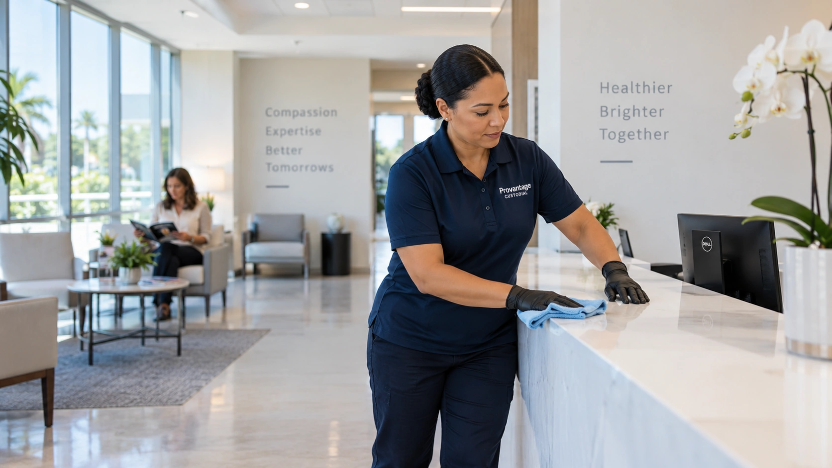 Professional cleaner maintaining a modern medical office in Central Florida