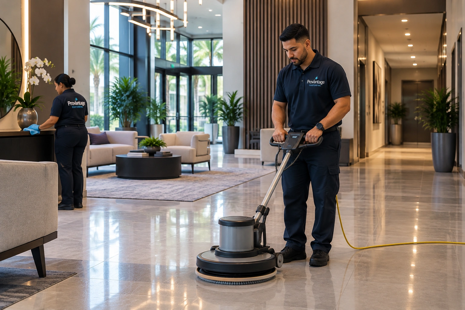 Professional cleaner maintaining common areas in a managed property