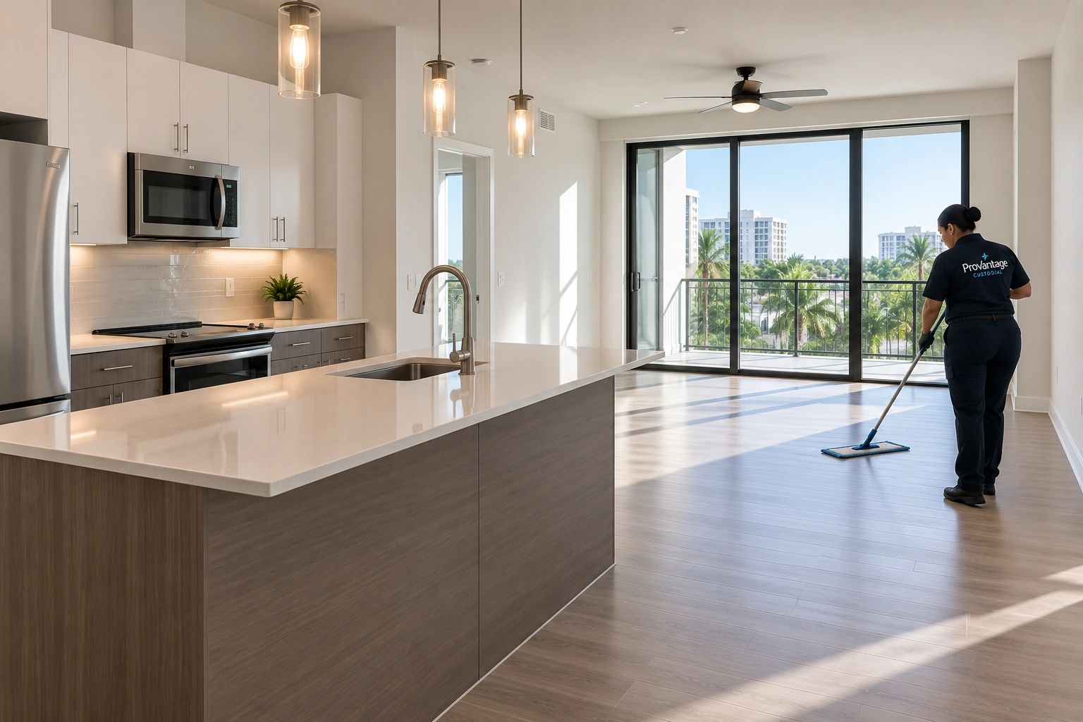 Professional cleaner preparing a vacant apartment for turnover in Central Florida