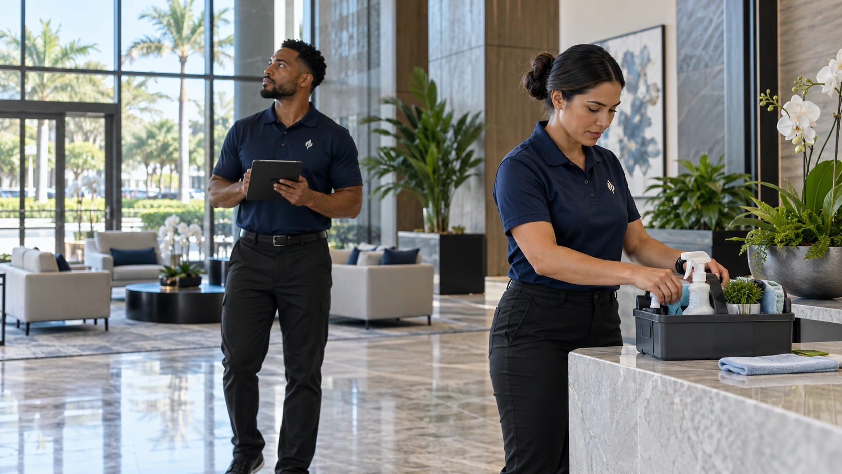 Professional Provantage Custodial cleaners preparing service at a modern Central Florida property