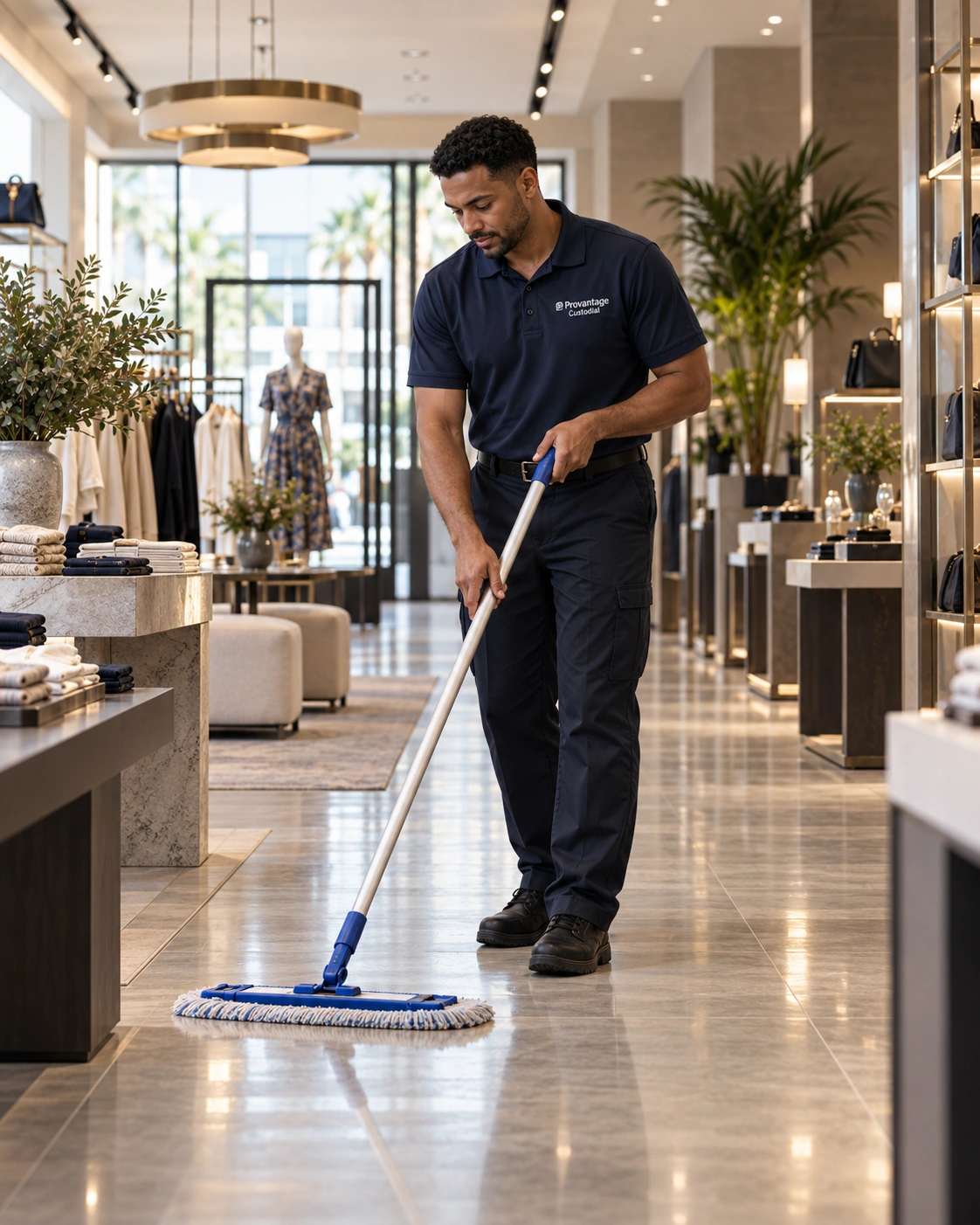 Professional cleaner maintaining the sales floor of a premium Central Florida retail store